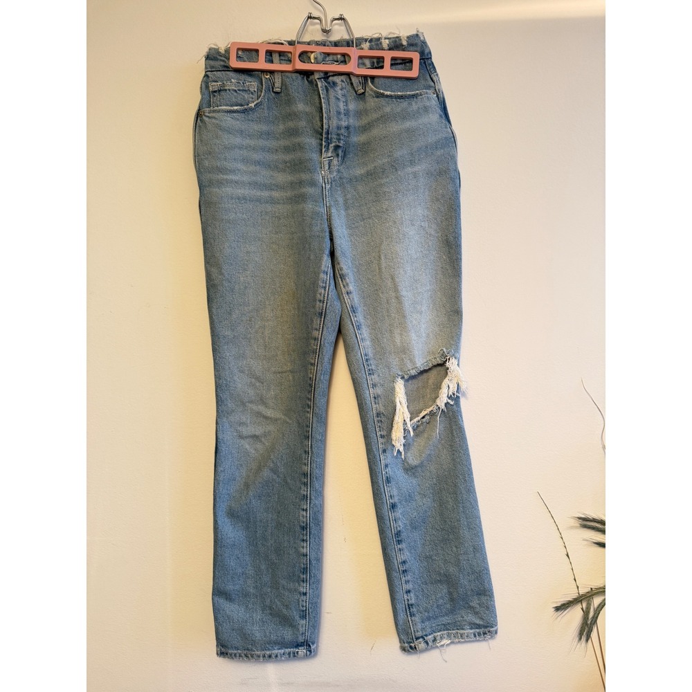 Good American Distressed Straight Leg Jeans Light Indigo Womens 0/25‎